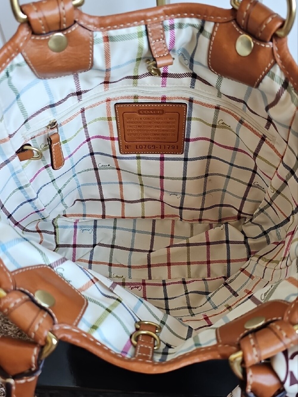 ​Coach 2007 Heritage Stripe Canvas Tattersall Tote Bag #11791 w/ Silk Scarf - Picture 10 of 15